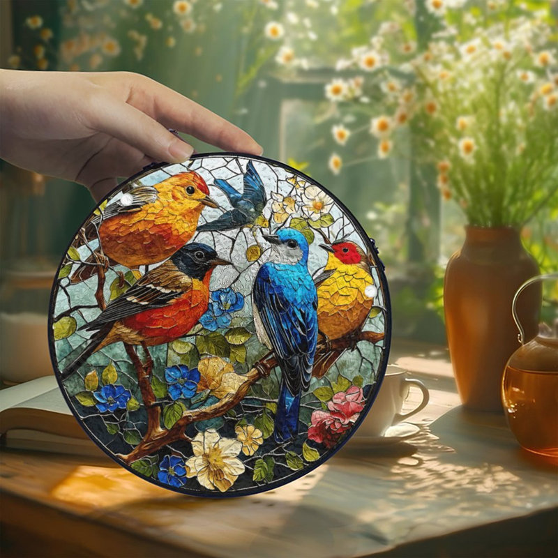 Panneaux de vitrail attrape-soleil en verre coloré avec motifs d'oiseaux, pour la décoration de fenêtres