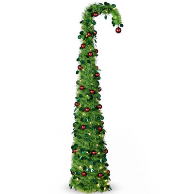 Arbre de Noël effilé vert 6 pi avec ornements en forme de boule rouge, 100 lumières chaudes, 8 modes, boîte de piles, décor intérieur des Fêtes