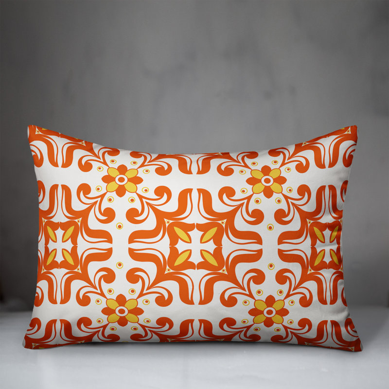 Tile Rectangular Outdoor Pillow Cover, Polyester/Polyfill, Orange/Off White/Yellow