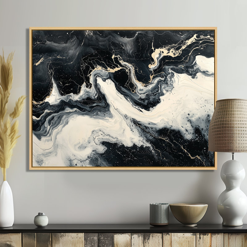 Art moderne sur toile en marbre, Noir, Cadre flottant, H 16 po x l 32 po