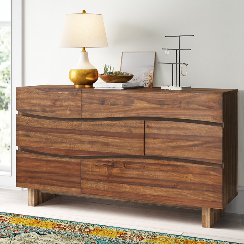 Hiram 64" W 6-Drawer Solid Wood Dresser with Dovetail Joinery, Brown