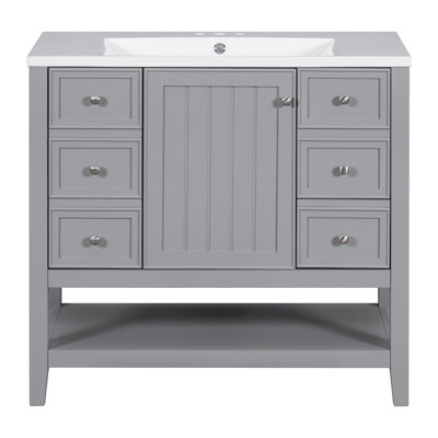 Meuble-lavabo de 36 po avec lavabo, une armoire et trois tiroirs, bois massif et panneau de fibres à densité moyenne, gris