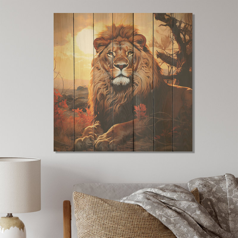 Sun Kissed Lion Majesty - Animal lion sur bois, H 36 po x l 36 po