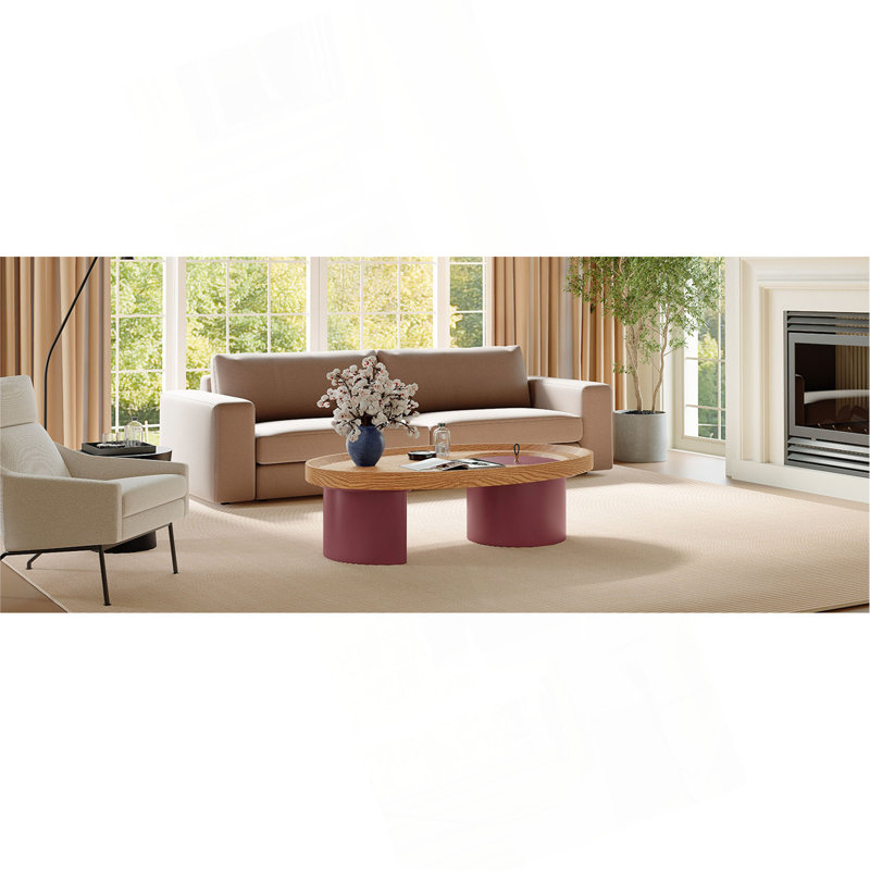 Table basse ovale en bois avec rangement 45,3 po, plateau en noyer avec pieds rouges, table de salon Mid-Century moderne, mobilier d'appoint de style campagnard pour grands espaces, assemblage facile