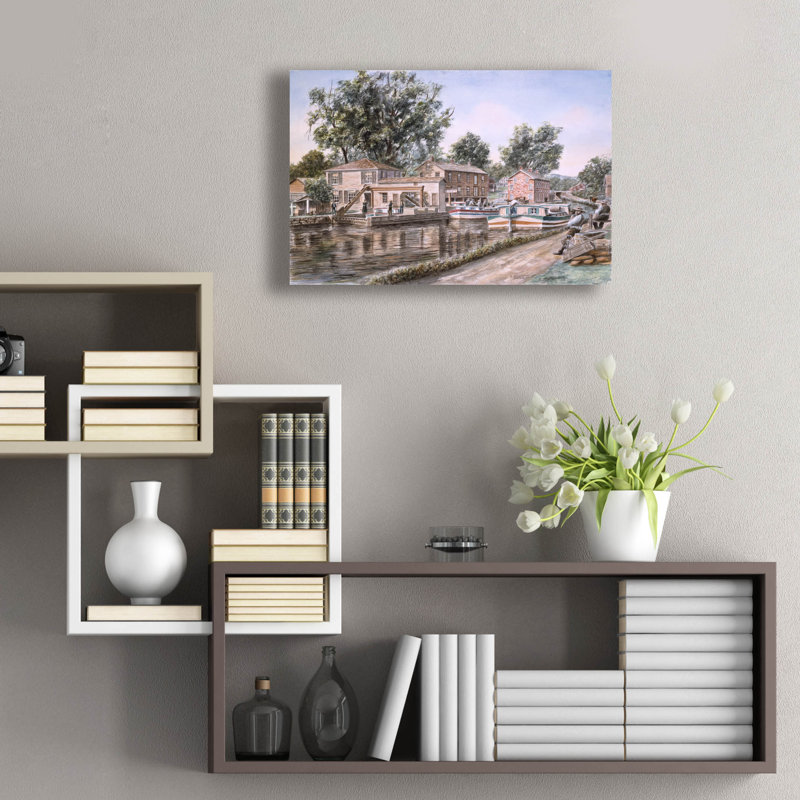 «Weigh Locks On Penn Canal» par Stanton Manolakas, art en verre acrylique Wal, H 16 po x l 24 po x P 0,2 po