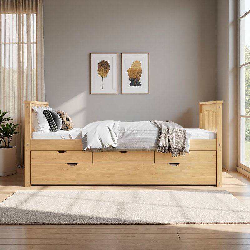 Lit plateforme simple avec tiroirs et lit gigogne, lit de jour en bois massif, sans sommier, Naturel