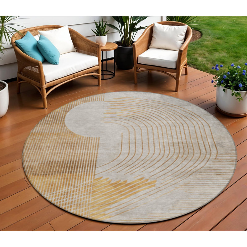 Tapis rond lavable intérieur et extérieur 8 pi doré et ivoire