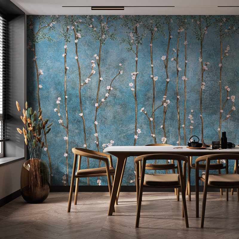 Élégante peinture murale cerisier en fleurs, Bleu, L 110,04 po x l 204 po