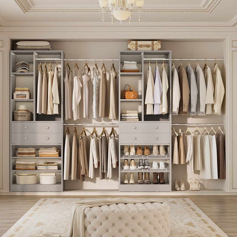 Système de placard avec 4 tiroirs en bois et étagères à chaussures, Gris