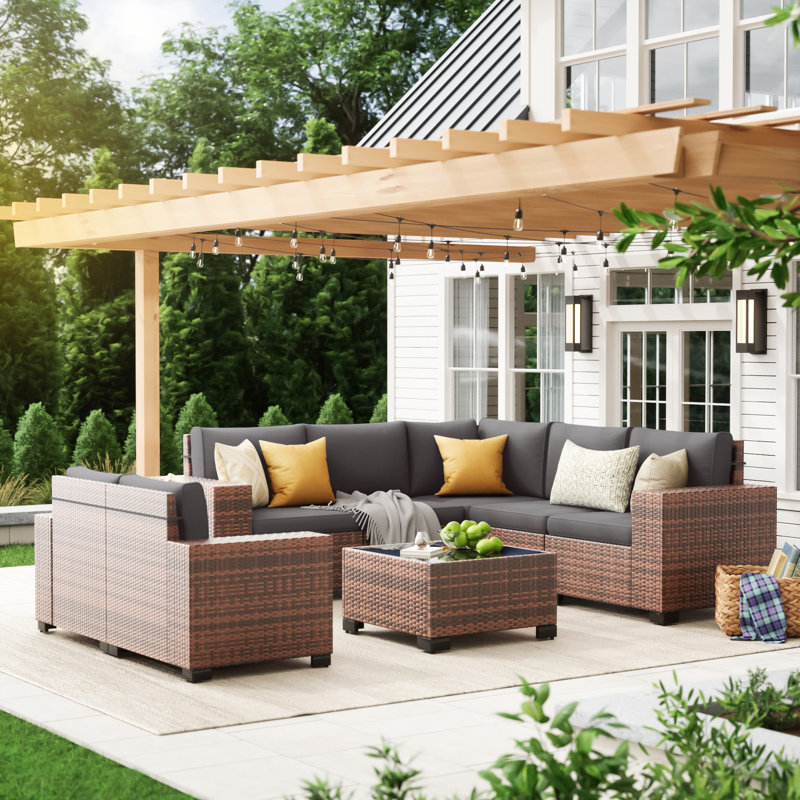 Ensemble de conversation modulaire en rotin pour 7 personnes avec coussins, Brun, Gris
