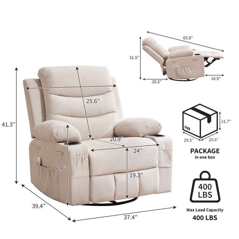 Swivel Rocker Recliner Chair with Massage and Heat, Oversized Reclining Sofa with 360° Swivel, Beige Linen