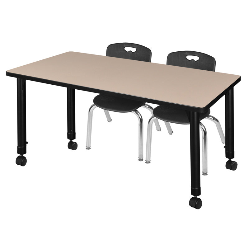 Regency Kee Mobile Adjustable Classroom Table & 2 Andy 12 in. Stack Chairs, 34" H x 48" L x 30" W, Cherry/Chrome/Navy Blue