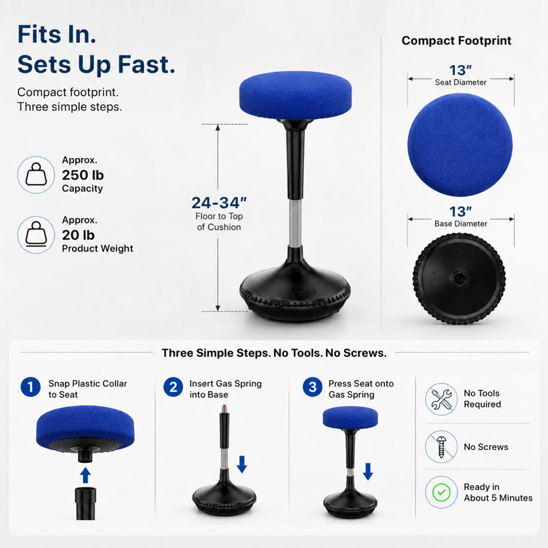 Tabouret oscillant pour bureau assis-debout - Hauteur réglable de 61 à 86 cm (24 à 34 pouces) - Tabouret d'équilibre actif pour une position assise équilibrée