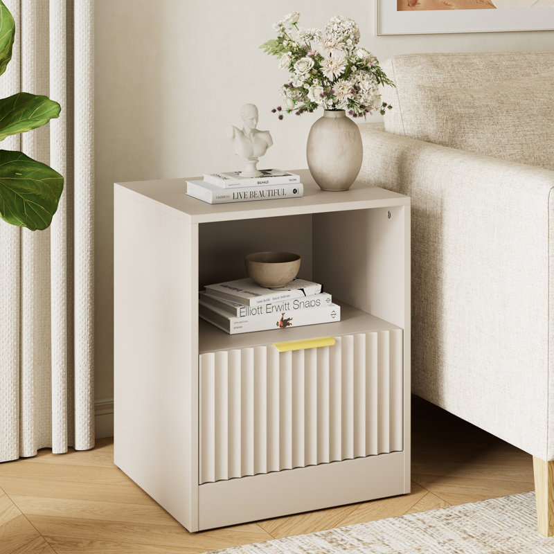 Table de chevet cannelée avec tiroir, table de chevet avec tablette ouverte, Beige, 1