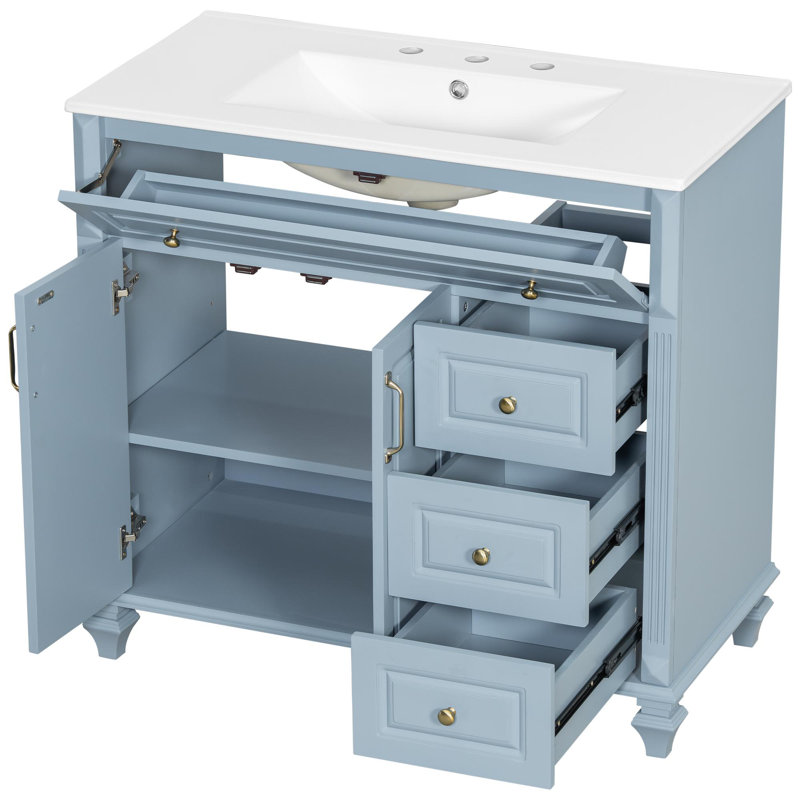 Meuble-lavabo multifonctionnel avec cadre en bois massif, Bleu gris, Doré