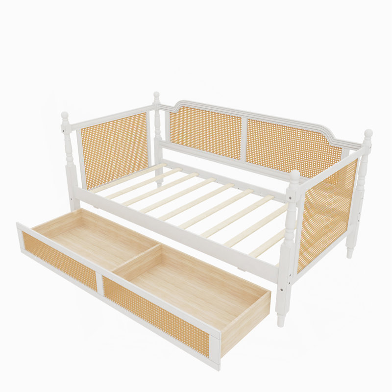 Lit de jour simple en rotin de style traditionnel avec 2 tiroirs pour un espace limité, chambre d'amis, aucun sommier nécessaire, blanc antique