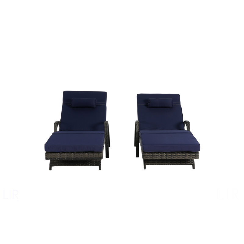 Ensemble de 2 chaises longues d'extérieur en osier avec coussins, chaise longue inclinable en osier, Bleu très foncé