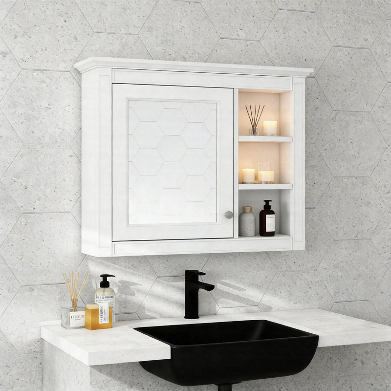 Armoire à pharmacie murale 30 po x 28 po avec miroir, 3 tablettes ouvertes, armoire de rangement moderne, Blanc