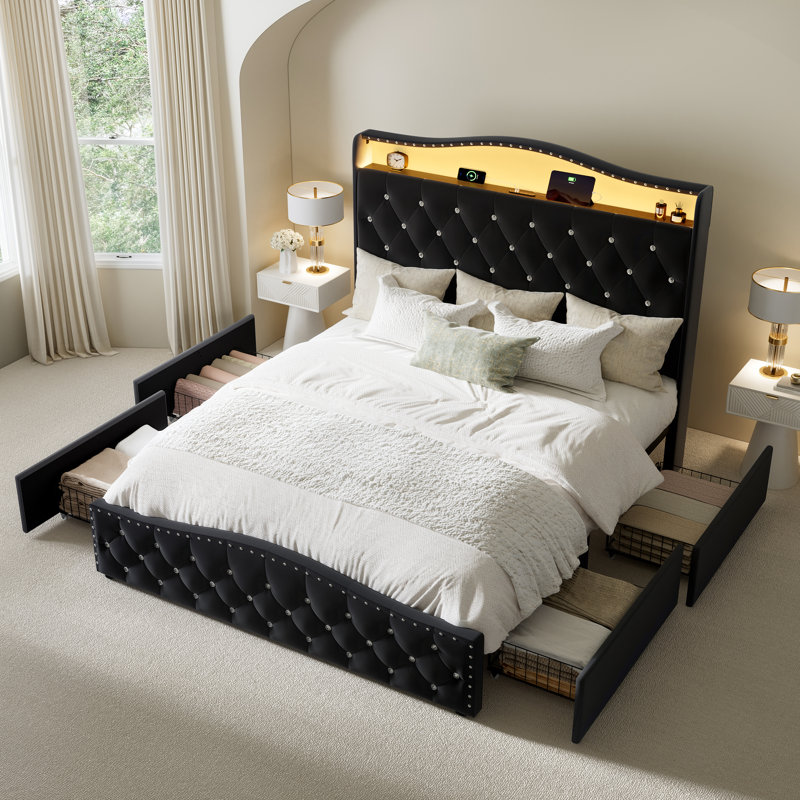 Upholstered Full Bed Frame with 4 Storage Drawers and 52.5" Tall Headboard, Platform Bed with Charging Station & LED Light, No Spring Box Needed