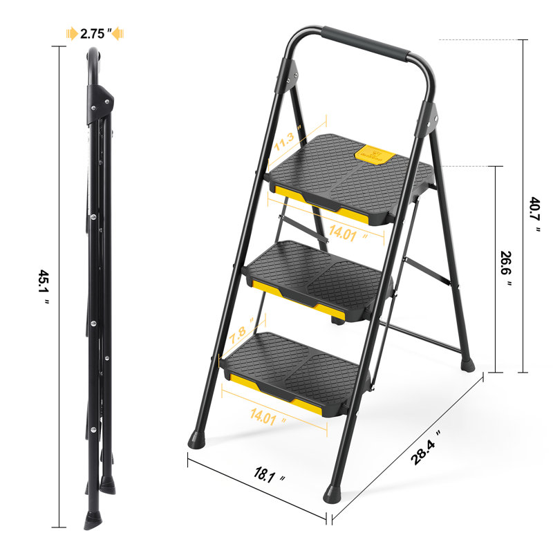 3 Step Ladder,Metal Ladder,Folding Step Stool Pass 800 lbs Load Testing,Library Ladder,Decorative Kitchen Step Ladder