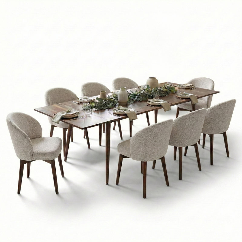 9-Piece Mid-Century Rectangular Extendable Dining Sets, Beige