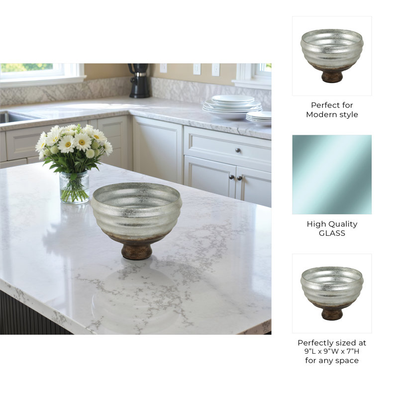 Handmade Glass Decorative Bowl, 9" H x 12" W x 12" D, Champagne Silver
