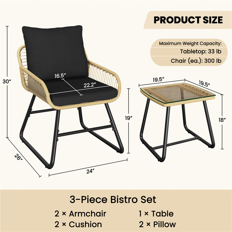 3-Piece Patio Bistro Set with Boho Coffee Table & 2 Chairs with Cushions & Pillows, Black