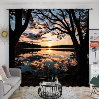 2 pièces, rideaux avec vue sur le lac Sunset, motif de paysage naturel, passe-tringle, bloquant le soleil, décor de maison pittoresque, fenêtre d'étude de chambre à coucher toutes saisons