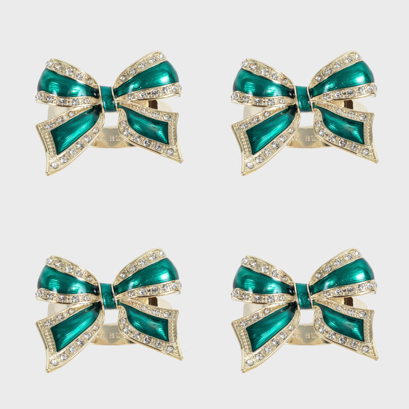 Enamel Bow Skinny Napkin Rings, Green/Shiny Gold