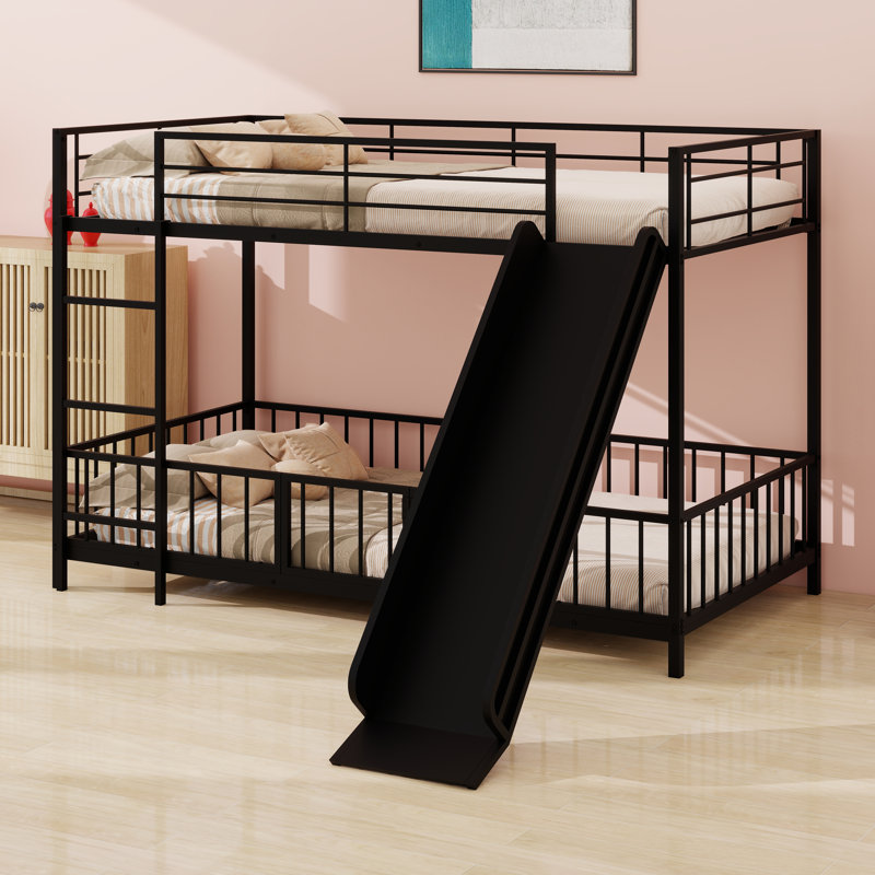 Sturdy Metal Bunk Bed Frame With Built-In Slide, Ladder, Fence And Door, Black