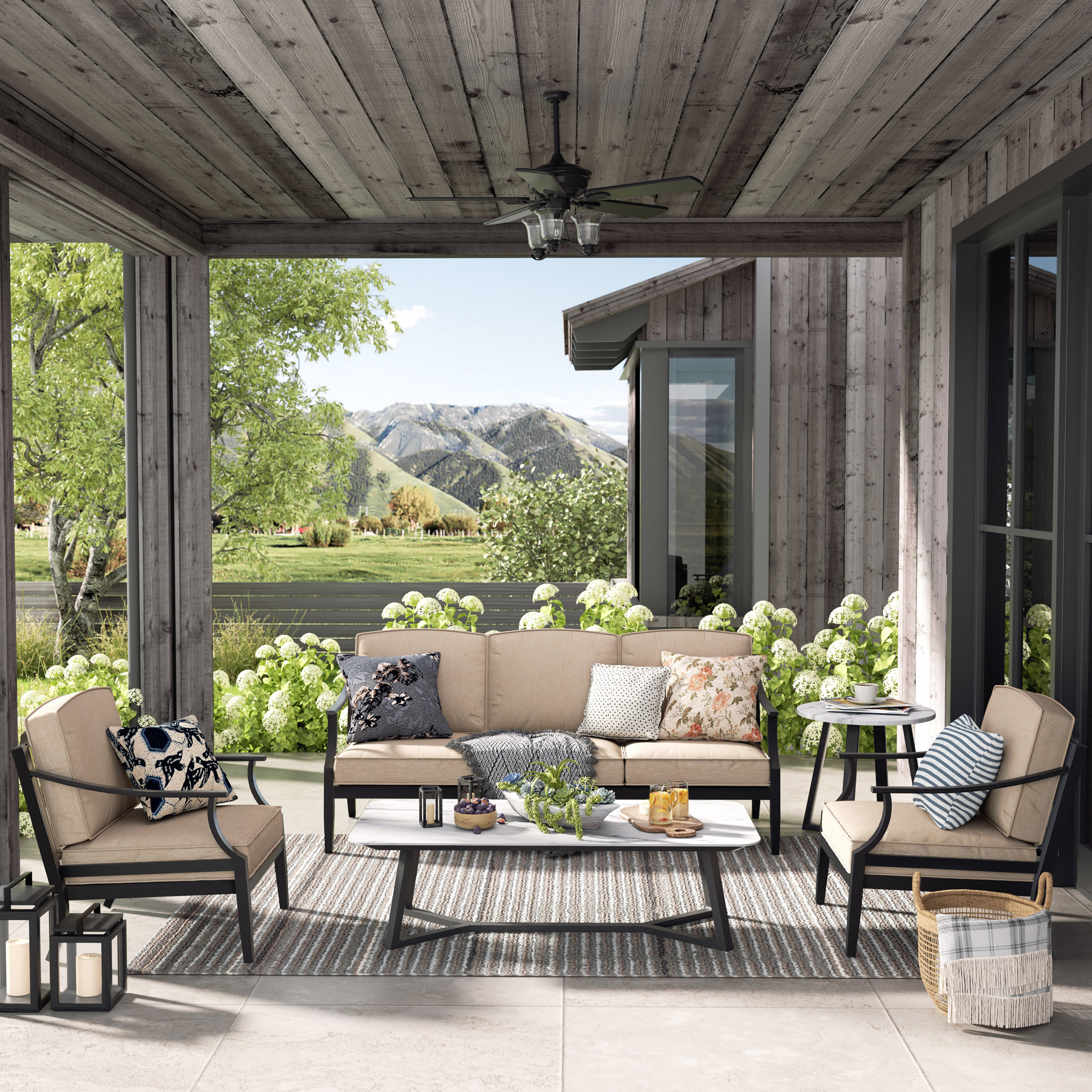 Tamarin 5 Pieces Aluminum Patio Conversation Seating Group With Sunbrella® Cushions And Sintered Stone Table