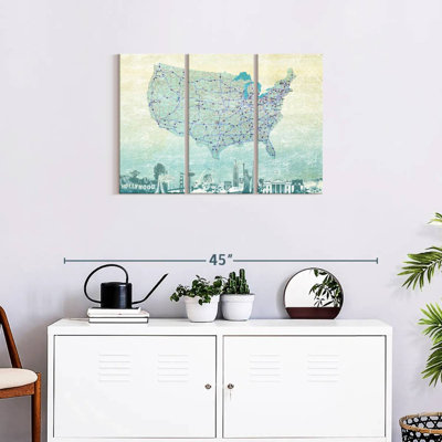 Carte des États-Unis sur autoroute, impression sur toile 3 pièces