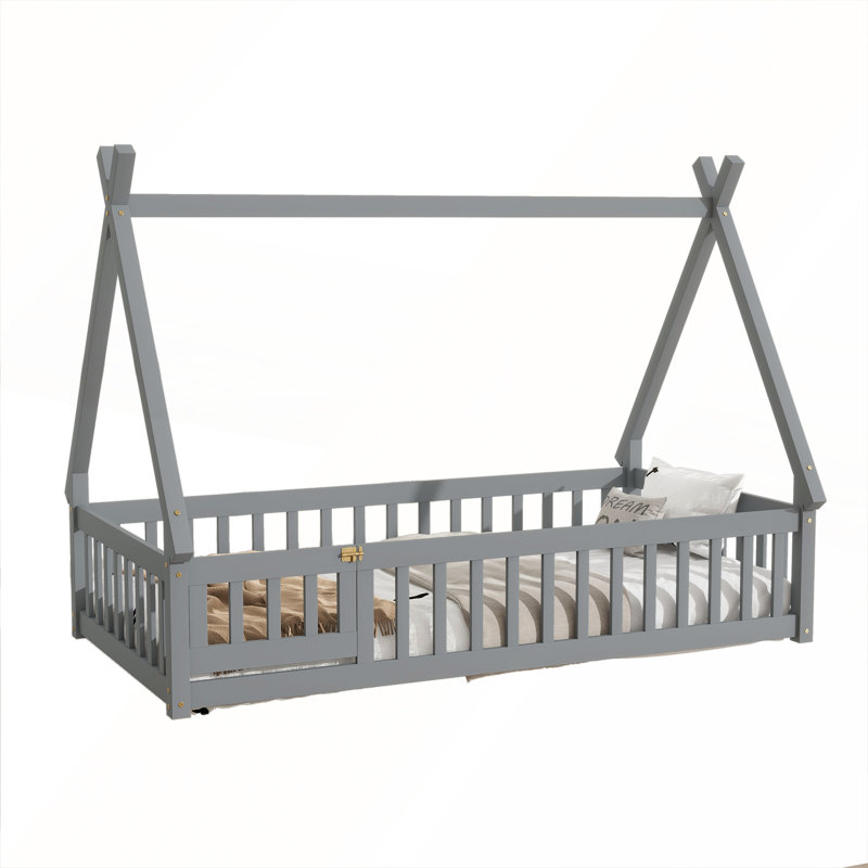 Lit simple en forme de tente, tipi avec garde-corps et porte pour une expérience de sommeil confortable et sécuritaire, gris