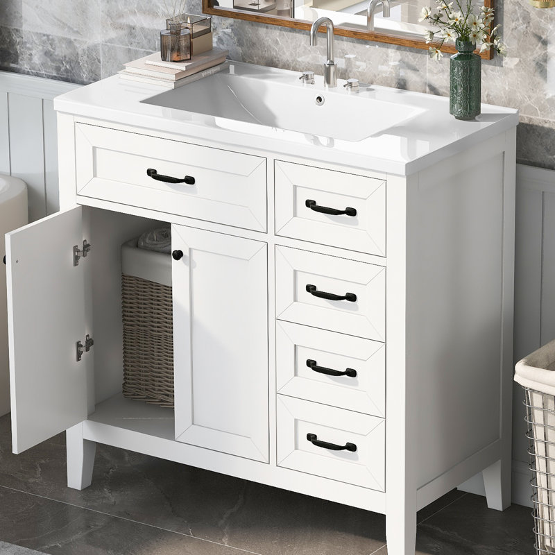 Meuble-lavabo autoportant 36 po - blanc avec lavabo en céramique, tiroirs et armoire stable, Blanc