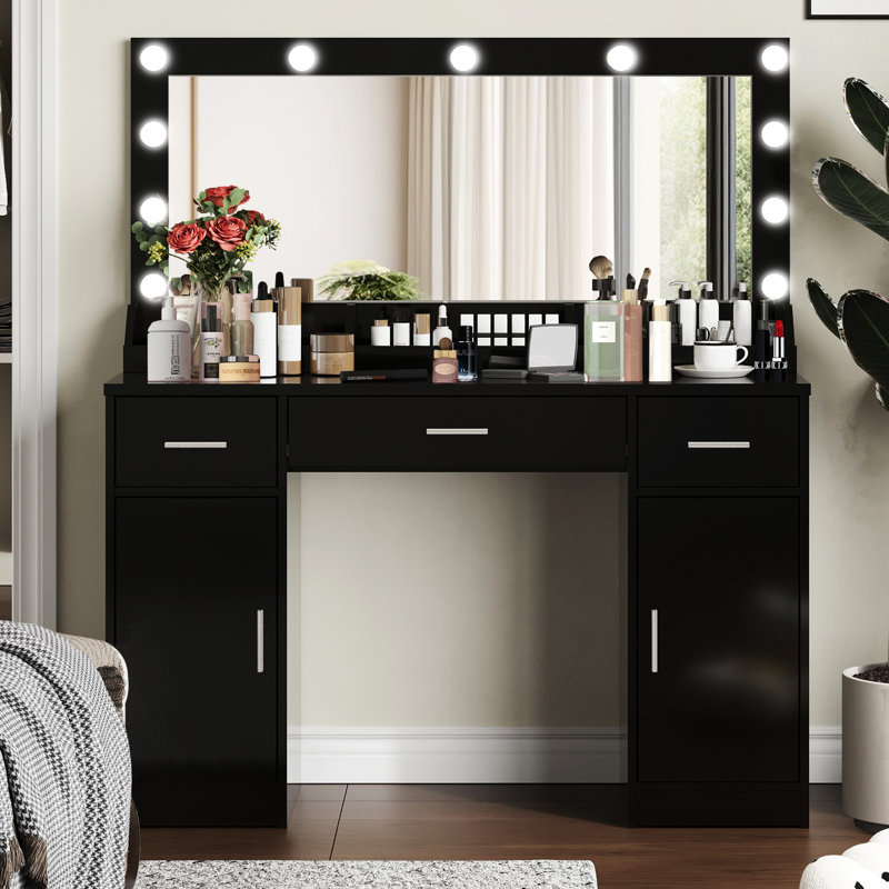 Bureau de meuble-lavabo pour femme, 46,08 po, noir, panneau de particules, grand miroir, 3 modes d'éclairage, luminosité réglable, tiroirs, 2 armoires, installation rapide, bureau à finition teintée, configuration pour le stress,