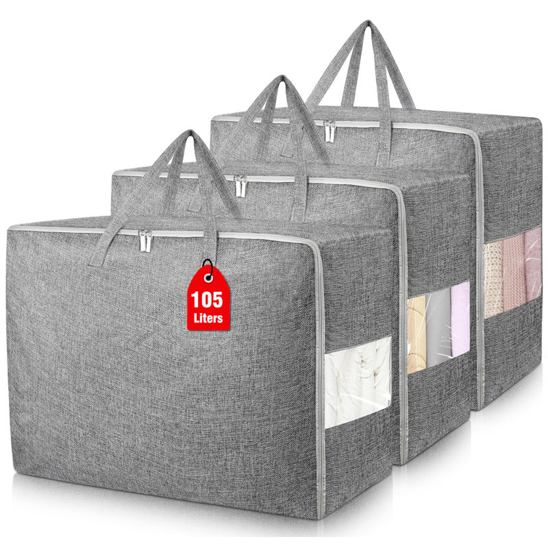105L Extra Large Storage Bags, Folding Moving Comforter Blanket Storage Bags,Strong Handles&Zippers Clear Window,(Grey/3 Pcs)