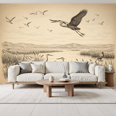 Peel and Stick Wallpaper Cranes Serene Lake Reeds Mountains Vintage Wall Murals 69"H x 96"W Removable PVC Wall Paper Self-Adhesive Wall Paintings Art Decor for Bedroom Living Room