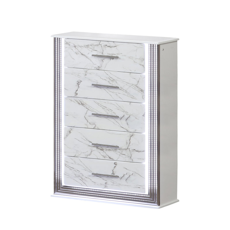 Commode à tiroirs en marbre avec panneaux latéraux à DEL et garniture métallique pour une organisation de chambre spacieuse et élégante