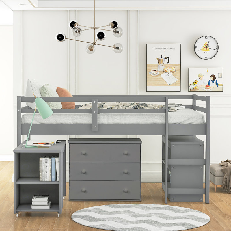 Lit mezzanine simple gris avec bureau fonctionnel et bureau à roulettes pour la maison, Gris