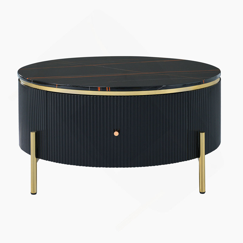 Round Coffee Table with 2 large Drawers Storage Accent Table, Black