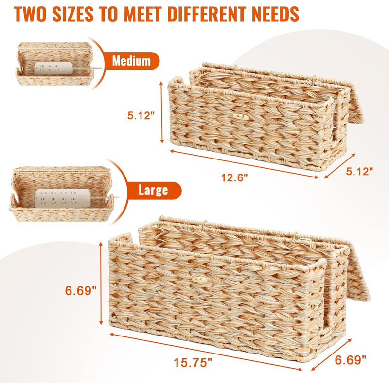 Cable Management Box With Lid, 2 Pack Handwoven Rattan Cord Hider Organizer Boxes, 2 Side Open Slots Storage Box To Hide Cords And Power Strip For Desk, Floor, Office