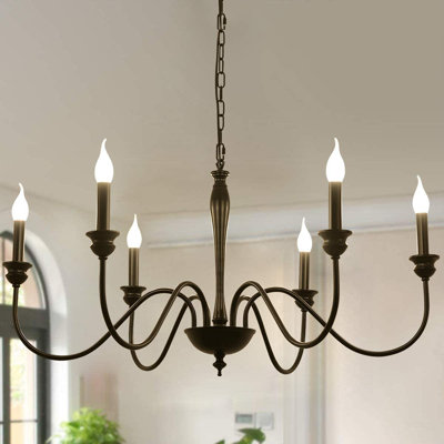 6 - Light Candle Style Chandelier with Iron Accents
