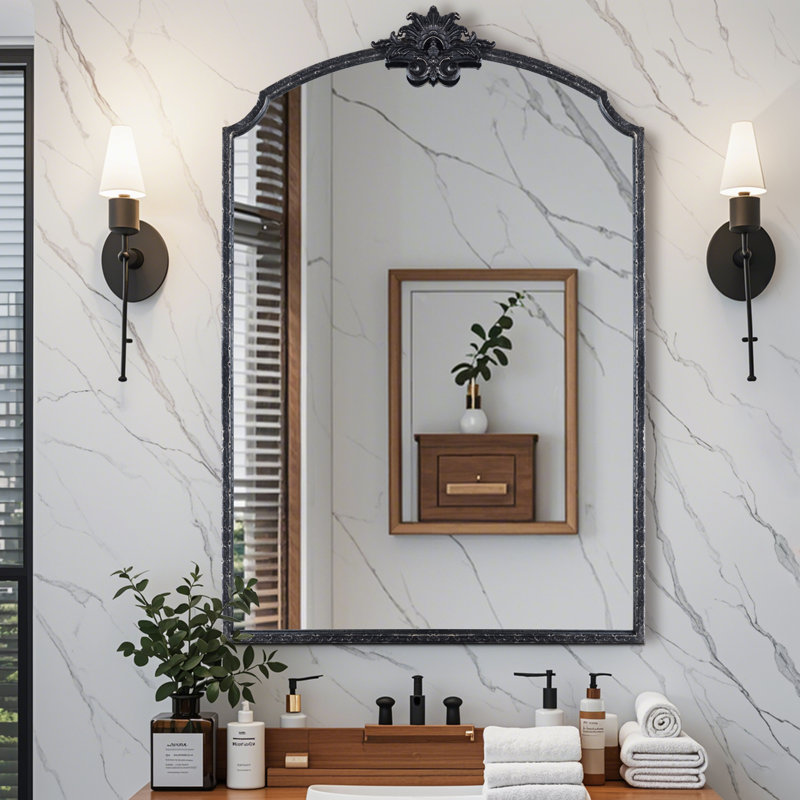 Lindon Arched Iron Wall Mirror, Antique Black, 36" x 24"
