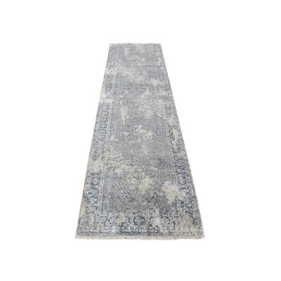 2'6" x 9'10" New Hand Knotted Grey Wool & Silk Runner Oriental Rug - MOA10287254