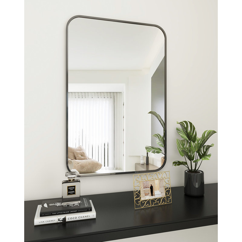 Jyun Safely Rounded Rectangle Metal Bathroom Mirror, 23" x 35", Matte Black