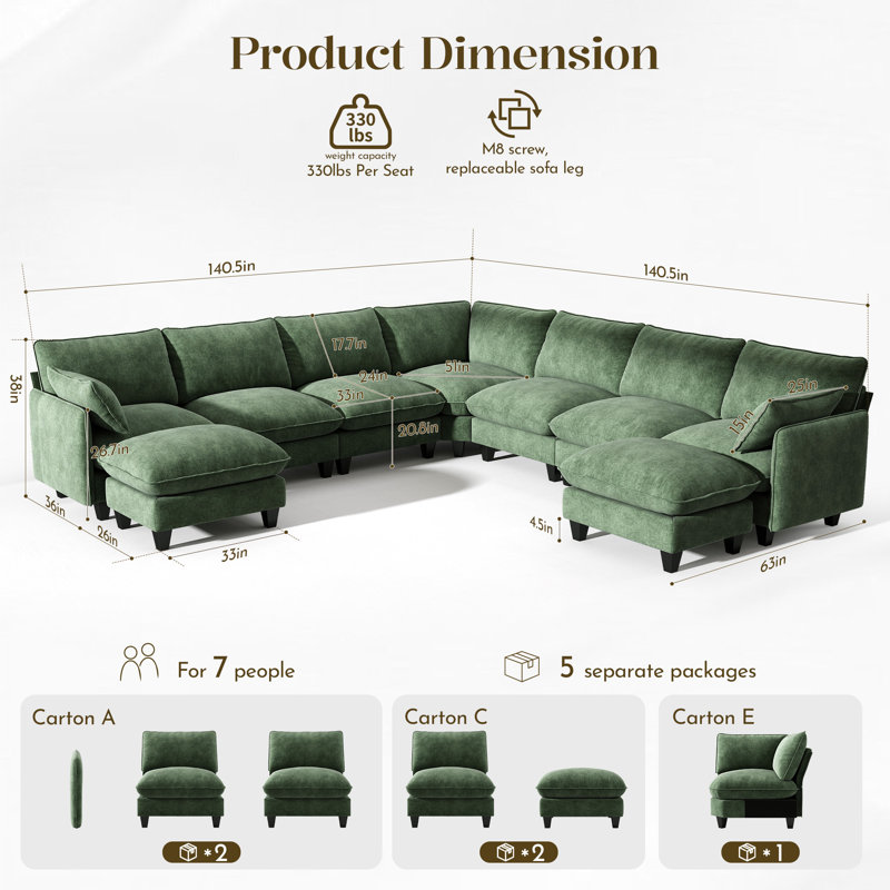 Canapé modulaire rembourré 140 po Acker 7 places et 2 repose-pieds Acker, Chenille verte, 7