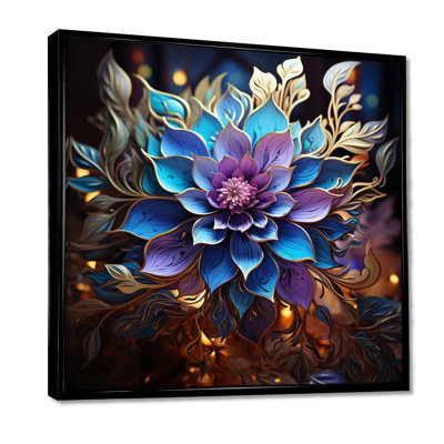 Abstract Blue Purple Blooming Flower Gold Leaves - Modern Floral Wall Art Living Room