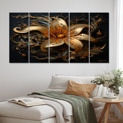 Golden Lily Flower Glam On I - Lily Canvas Art Print - 5 Equal Panels