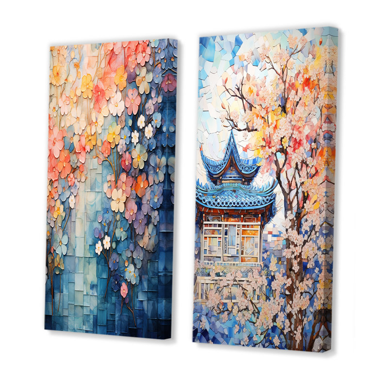 Bleu, Japon, arbres en fleurs, paysages I, ensemble d'art mural abstrait sur toile florale, Toile tendue, H 28 po x l 25 po