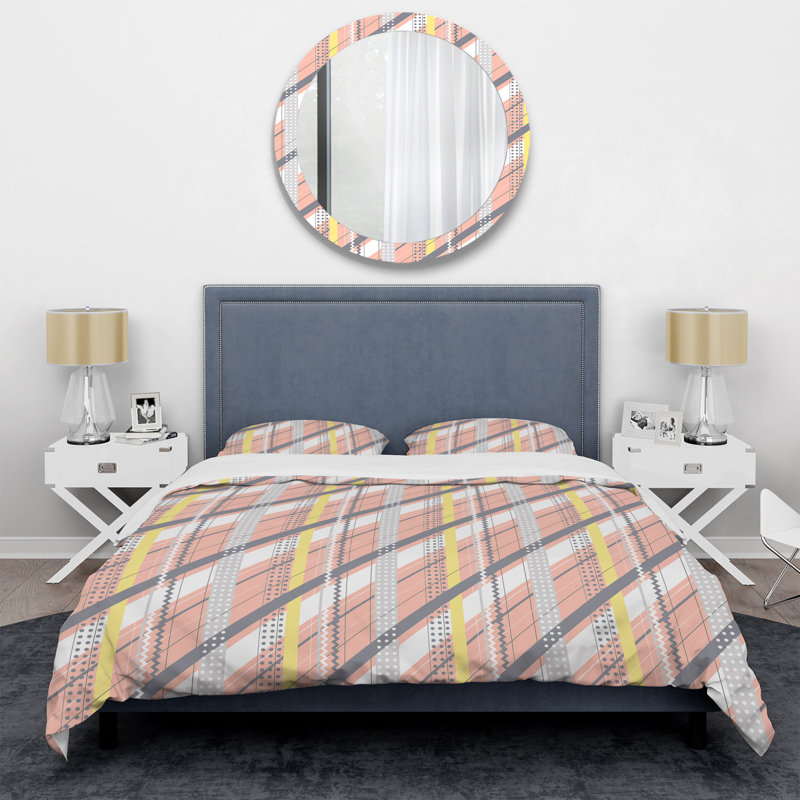 Peach And Silver Striped Pattern Polyester Geometric Shapes Duvet Cover, Twin Duvet Cover + 1 Standard Sham
